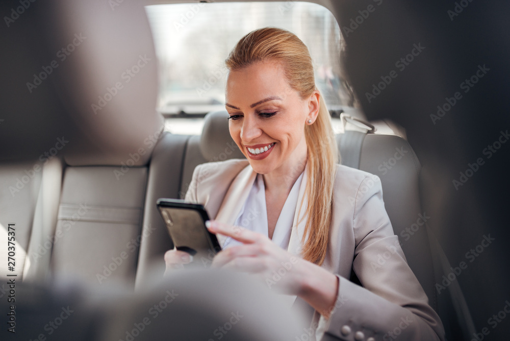 Positive female executive using phone on the back seat of the car. Positive female executive using phone on the back seat of the car.
