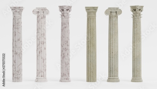 Realistic 3d Render of Columns (Doric, Ionic and Corinthian) photo