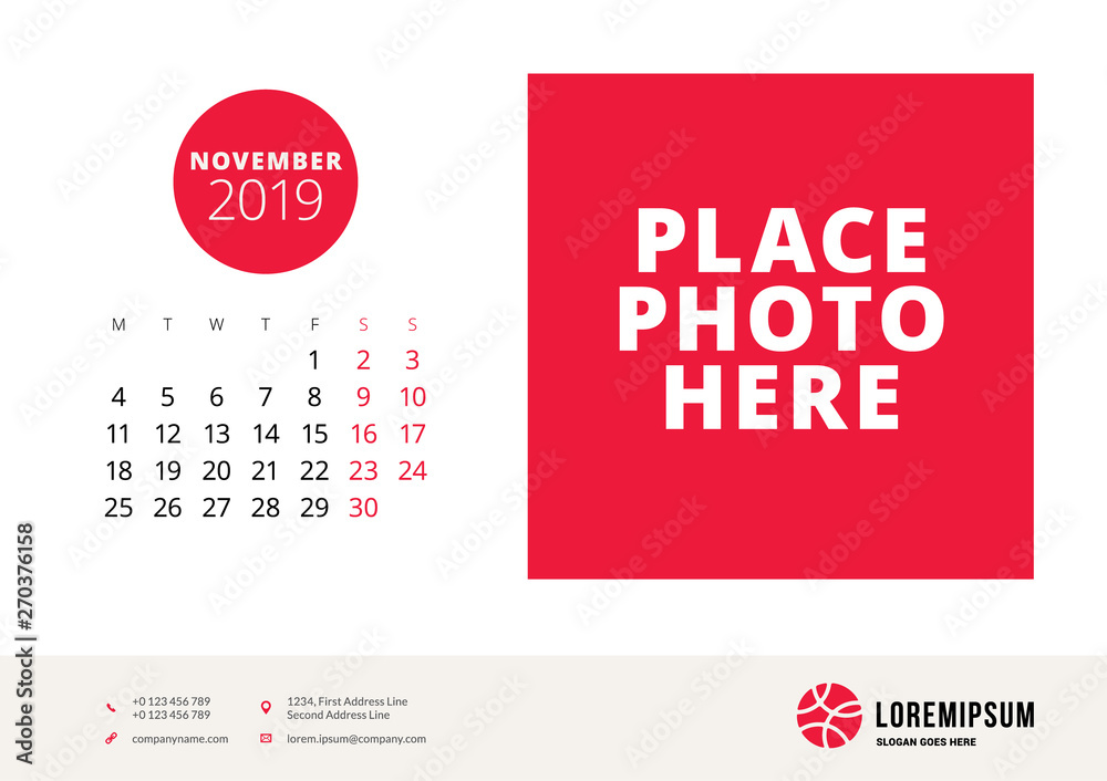 Fototapeta premium November 2019. Desk calendar design template with place for photo. Week starts on Monday. Vector illustration