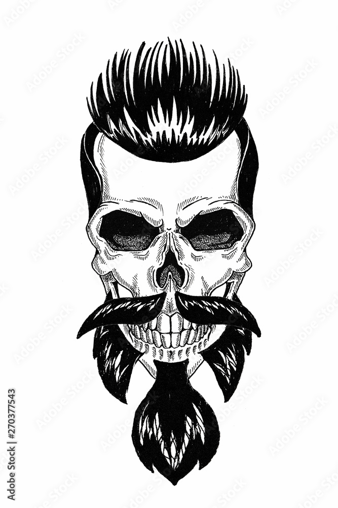 Fototapeta premium Monochrome illustration barbershop of skull with beard, mustache, hipster haircut and on white background, cartoon, angry, beautiful, brutal.