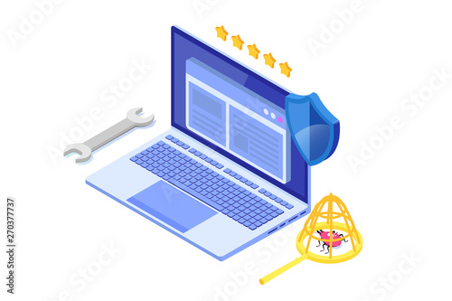 Software or application testing  isometric vector concept.  Debugging development process. Vector illustration.