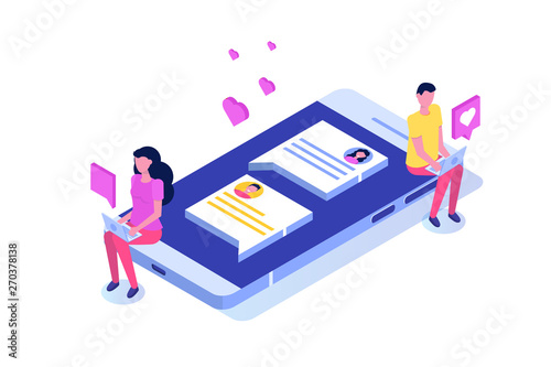 Virtual relationships, online dating, social networking concept. Vector isometric illustration.