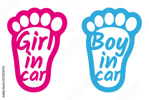 Vector sticker child footprint pink and blue with text: Girl in car. Boy in car.