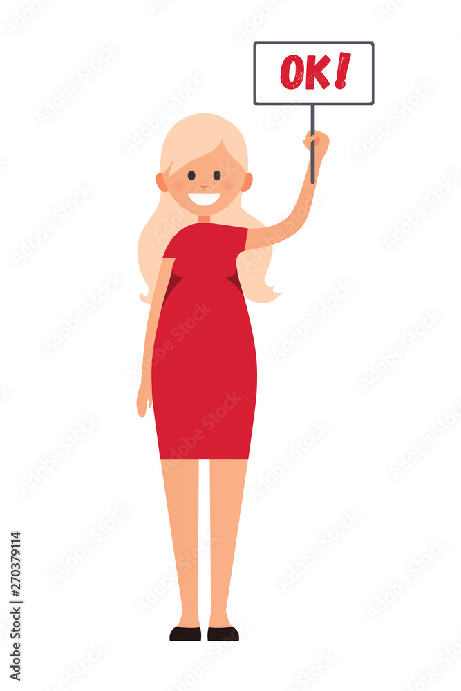 Front view animated character. Cartoon style, flat vector illustration of  smiling girl with long blonde hair in red dress. Standing woman with plate  in hand up. Choosing pose. Agree. Answer. Stock Vector |