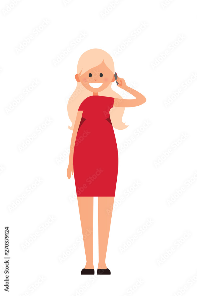 Front view animated character. Designer character. Cartoon style, flat vector illustration of smiling girl with long blonde hair in red dress. Standing woman with hand up. Woman talking on the phone Front view animated character. Designer character. Cartoon style, flat vector illustration of smiling girl with long blonde hair in red dress. Standing woman with hand up. Woman talking on the phone