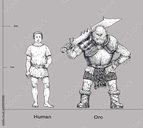 Monster illustration. Orc and human anatomy comparison. Fantasy drawing. photo