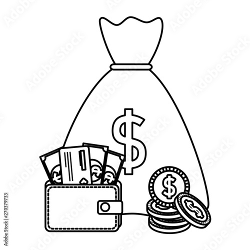 money bag with coins and wallet with bills dollars