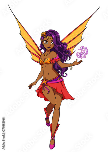 Cute cartoon fairy with purple hair and orange wings. Red dress. Hand drawn vector illustration.