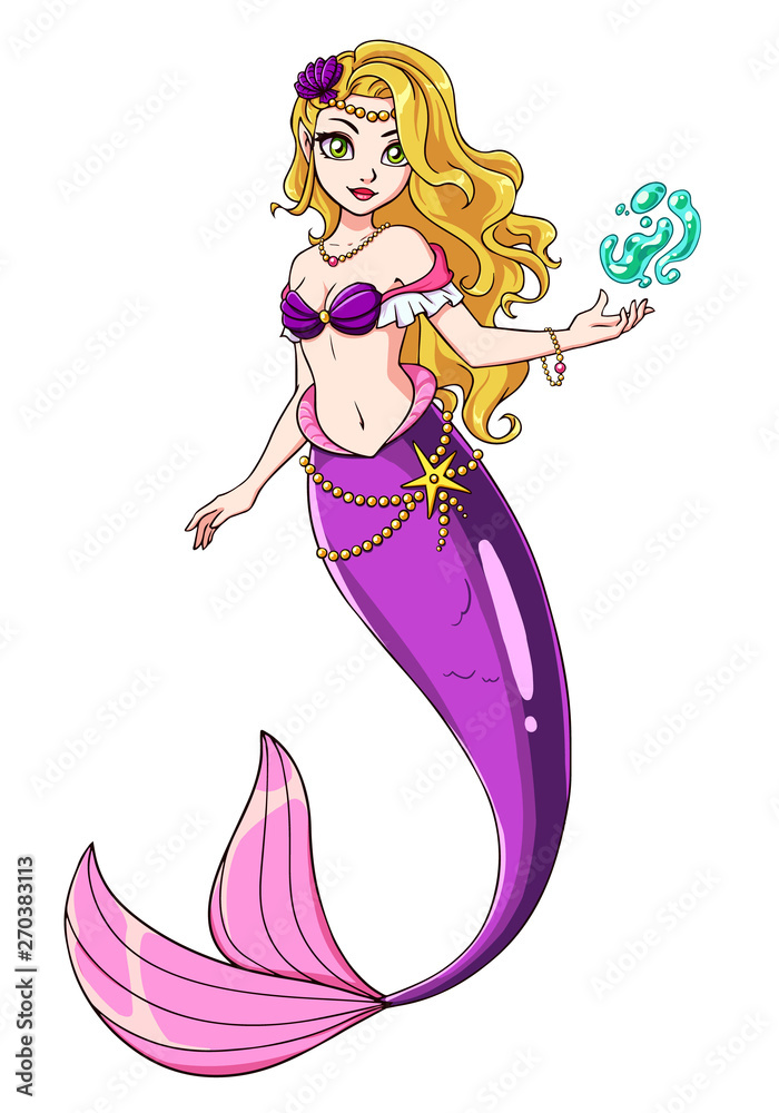 Cute mermaid vector design. Girl with blonde hair and violet fish tail. Hand drawn vector illustration. Cute mermaid vector design. Girl with blonde hair and violet fish tail. Hand drawn vector illustration.