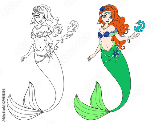 Cute cartoon mermaid. Outlined for coloring book isolated on a white background. Hand drawn doodle illustration.