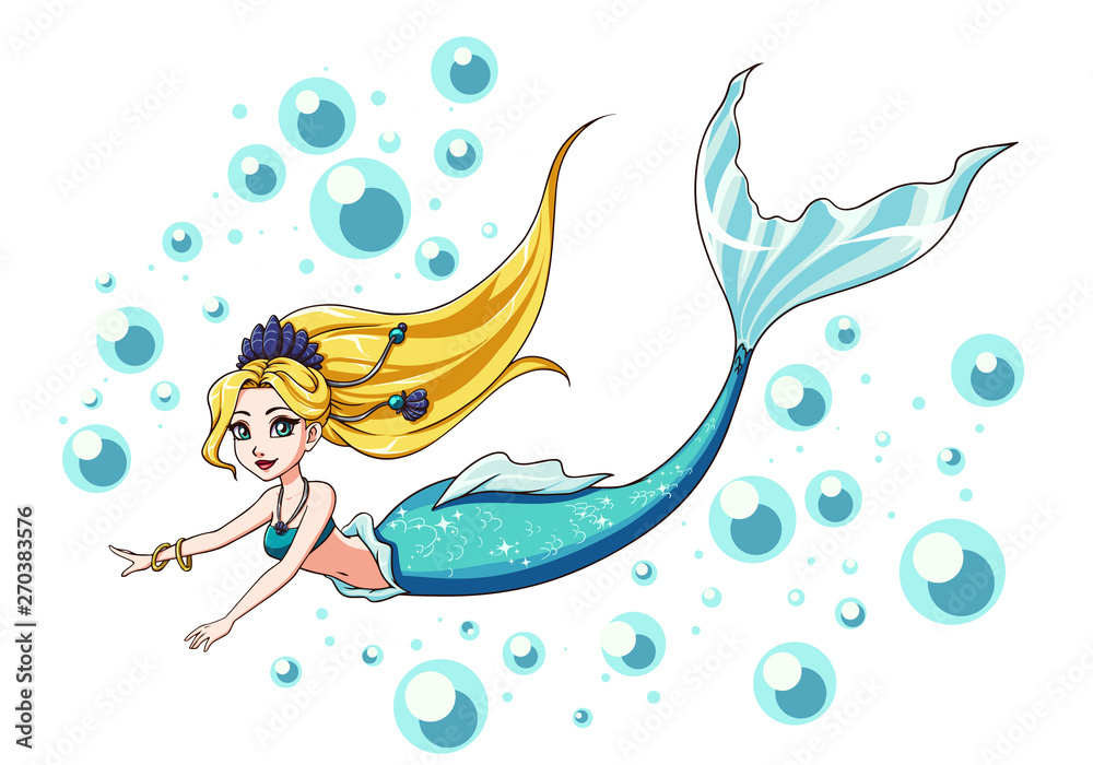 Cute swimming mermaid vector design. Cartoon girl with blonde hair and blue  fishtail. Isolated on white background and bubbles. Stock Vector | Adobe  Stock