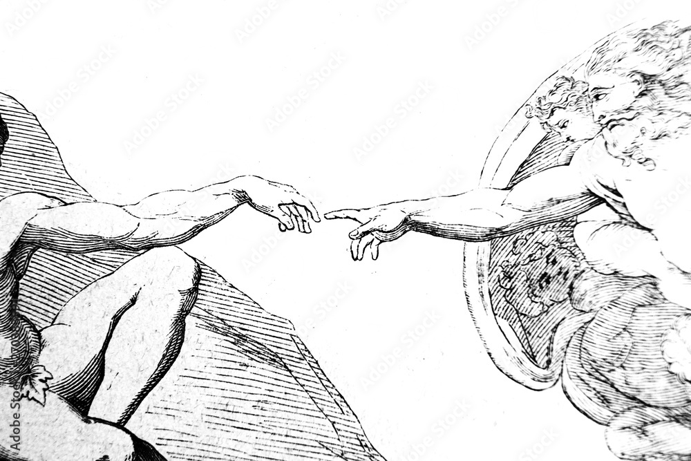 Obraz The creation of Adam (detail) by Michelangelo in the vintage book the History of Arts by Gnedych P.P., 1885