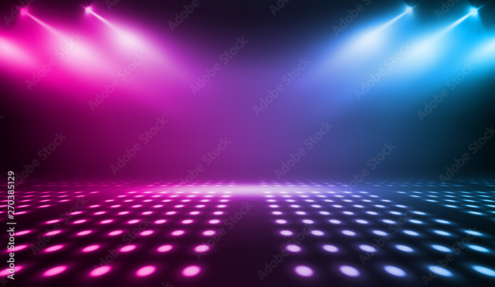 Obraz premium Background of empty stage show. Neon blue and purple light and laser show. Laser futuristic shapes on a dark background. Abstract dark background with neon glow