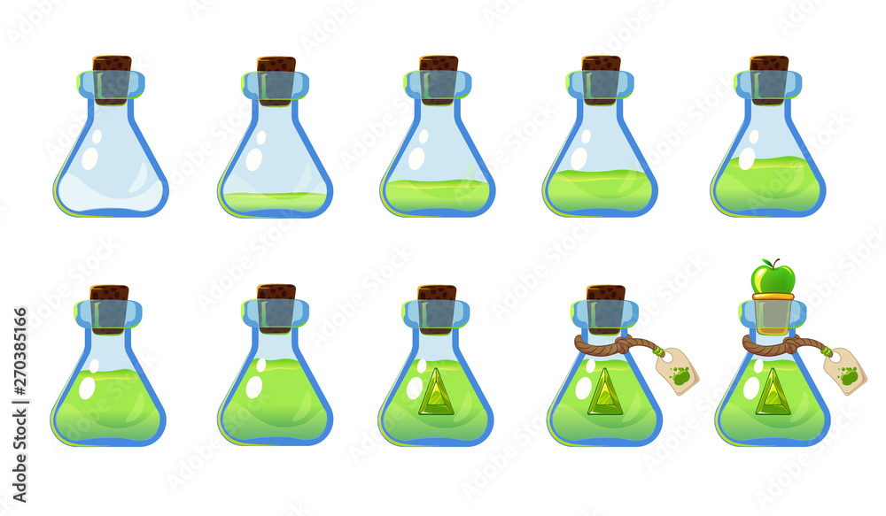 Set of different states of bottle with green elixir and apple. Illustration for mobile game interface. Set of different states of bottle with green elixir and apple. Illustration for mobile game interface.