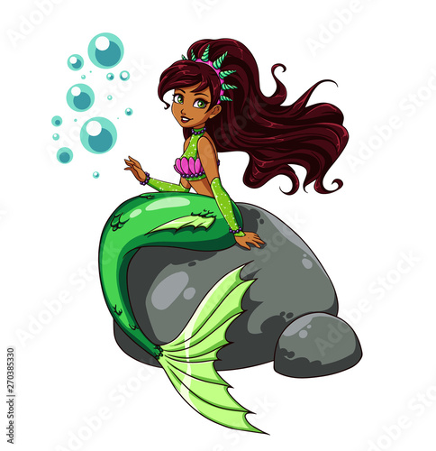 Cute mermaid sitting on rock. Crown with shells, wavy blac hair, shiny shirt, green tail.