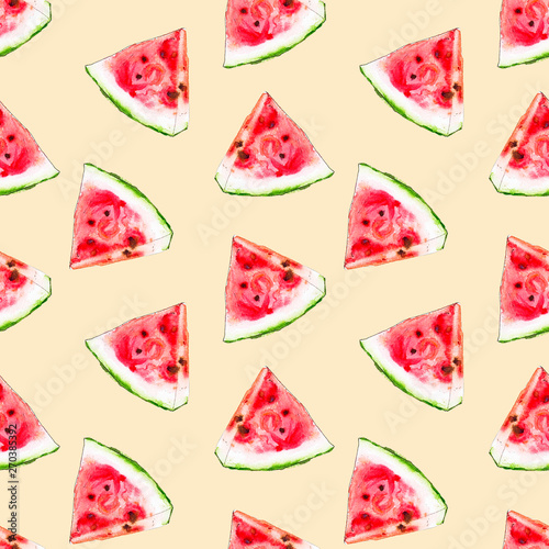Fototapeta Naklejka Na Ścianę i Meble -  Watercolor seamless pattern from red juicy watermelon slicies. Sketch drawing. Food background, painted bright composition. Hand drawn food illustration. Fruit print. Summer sweet fruits and berries.