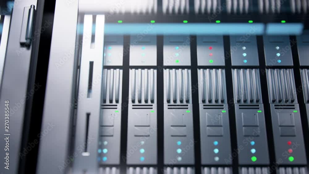 Camera slowly moving in data center showing server equipment with flickering light indicators, close up view. Seamlessly looped photorealistic 3D render animation.