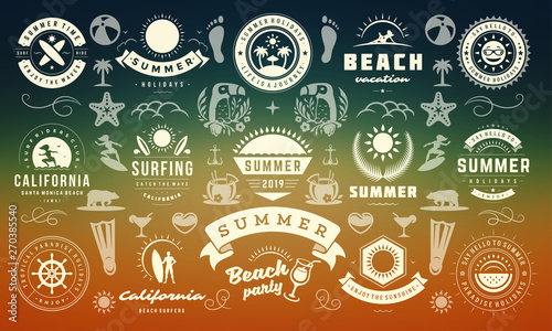 Summer labels and badges design set retro typography for posters, greeting cards and banners.