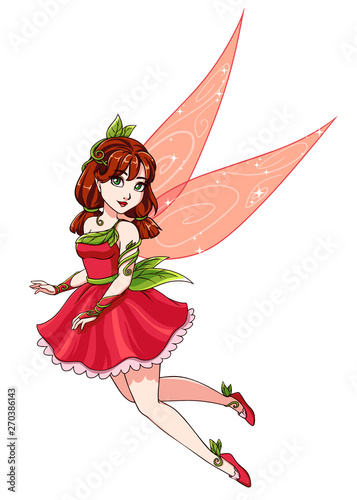 Beautiful cute fairy with red pigtails wearing pink dress. Hand drawn vector illustration.