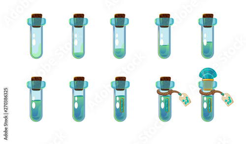 Set of different states of bottle with ocean blue elixir and shell. Illustration for mobile game interface.