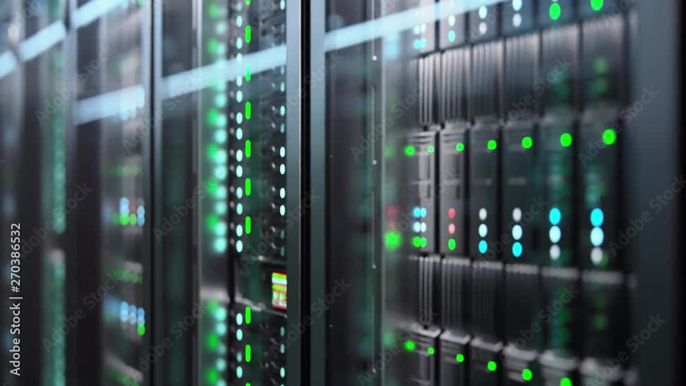 Camera slowly moving in data center showing server equipment with flickering light indicators, close up view. Seamlessly looped photorealistic 3D render animation. Camera slowly moving in data center showing server equipment with flickering light indicators, close up view. Seamlessly looped photorealistic 3D render animation.