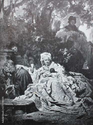 "Maria Theresia feeds the poor woman’s baby" by Sandor Liezen-Mayer in the vintage book One hundred masterpieces of art by O.I. Bulgakov, 1903