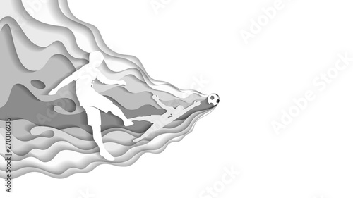 Paper cut football. Footballer kicks the ball into the goal. The goalkeeper catches the ball. Eps10 vector
