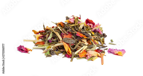  tea with candied fruit and rose petals on white background