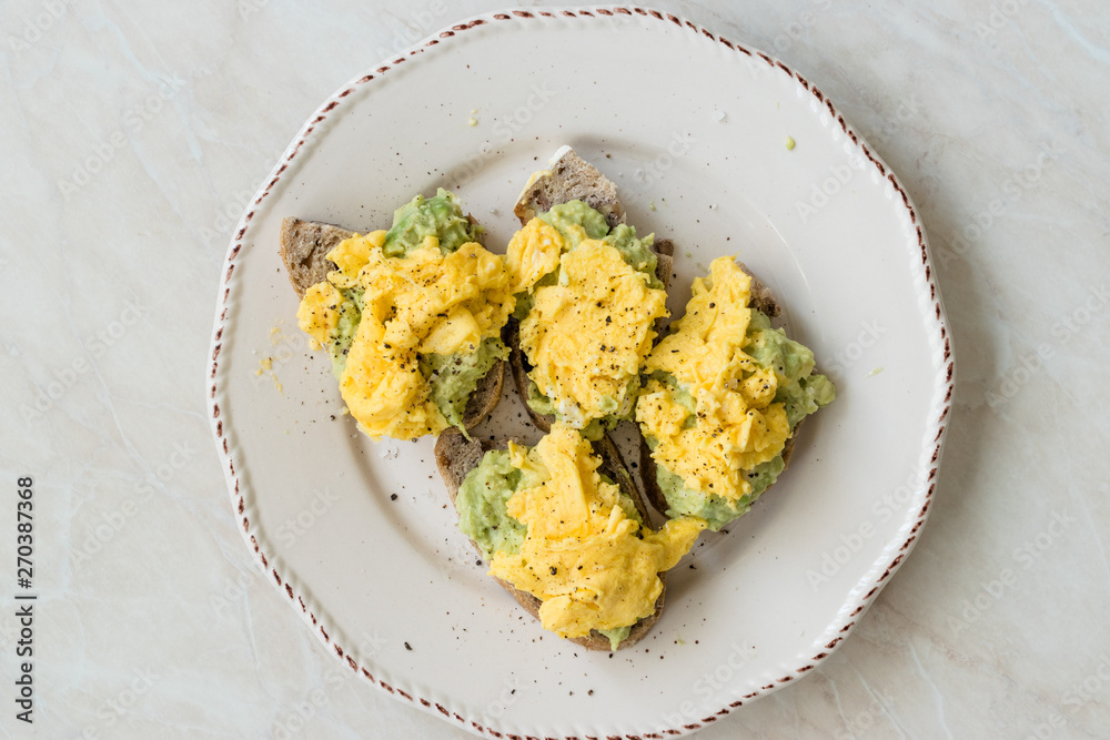 Scrambled Eggs with Avocado on Toast Bread for Breakfast. Scrambled Eggs with Avocado on Toast Bread for Breakfast.