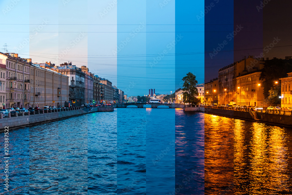 Time-lapse collage of slices of different times of day. Beautiful view of the Fontanka River and historic buildings from the Krasnoarmeyskiy bridge, Saint Petersburg, Russia