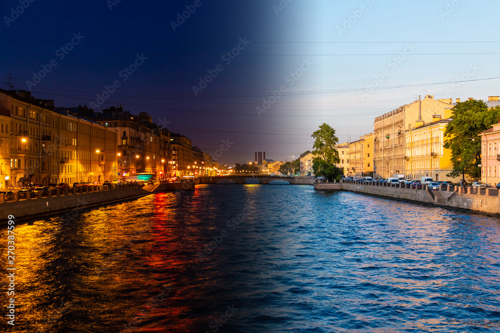Time-lapse collage of day to night transition. Beautiful view of the Fontanka River and historic buildings from the Krasnoarmeyskiy bridge, Saint Petersburg, Russia