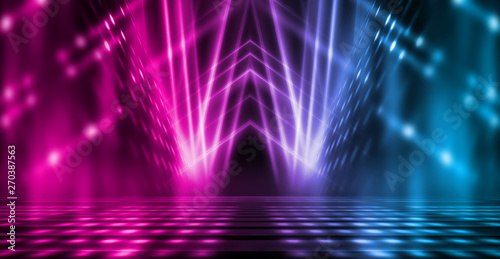 Obraz Tło pustej scenie. Neonowe światło niebieskie i fioletowe oraz pokaz laserowy. Laserowe futurystyczne kształty na ciemnym tle. Ciemne tło z neonową poświatą
