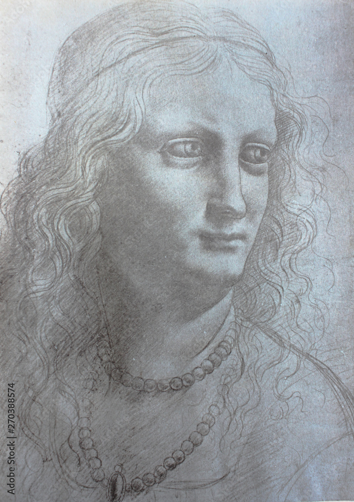 Head of the woman by Leonardo Da Vinci in the vintage book Disegni di Leonardo by L. Beltrami, 1904