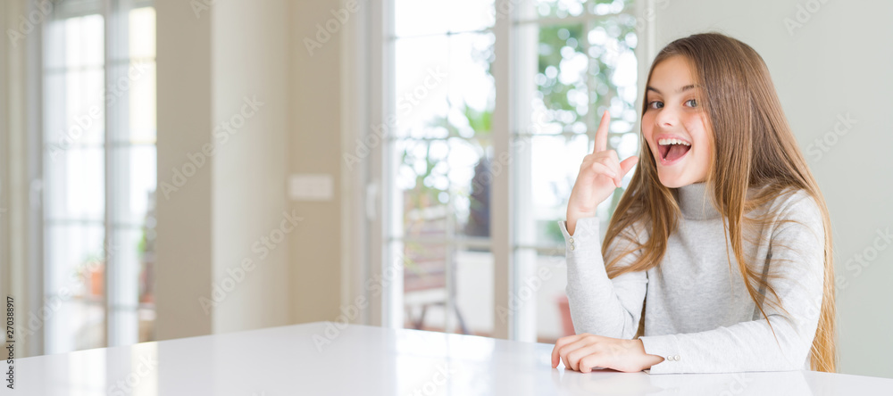 Wide angle picture of beautiful young girl kid wearing casual sweater pointing finger up with successful idea. Exited and happy. Number one. Wide angle picture of beautiful young girl kid wearing casual sweater pointing finger up with successful idea. Exited and happy. Number one.