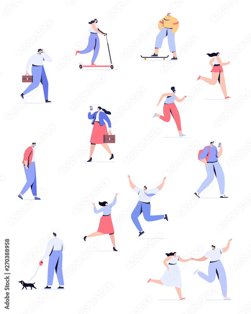 Crowd of people. Different walking and running people side view.  Male and female. Flat vector characters isolated on white background.