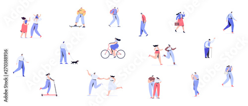 Crowd of people. Different walking and running people side view. Male and female. Flat vector characters isolated on white background.