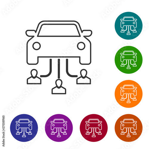 Grey Car sharing with group of people line icon isolated on white background. Carsharing sign. Transport renting service concept. Set icon in color circle buttons. Vector Illustration