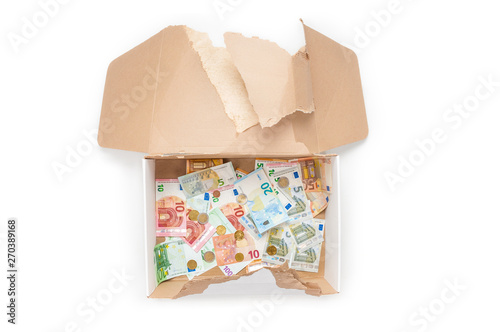 Charity box with euro banknotes on white background photo