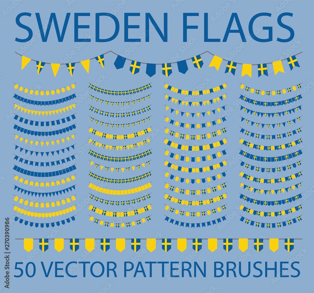 Set of 50 vector pattern brushes. Garland of swedish flags. Sweden.