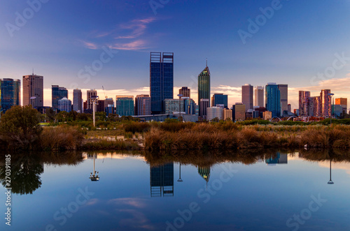 Mirror Image Reflection in Pond at Sunset with Perth City in Background © Sue