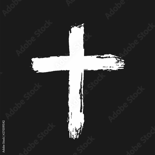 Latin cross drawn by hand with a rough brush. White icon isolated on black background. Sketch, graffiti, grunge, paint, watercolour.