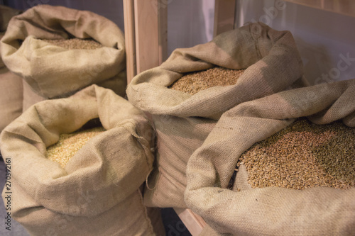 Select grain in bags before grinding. Food
