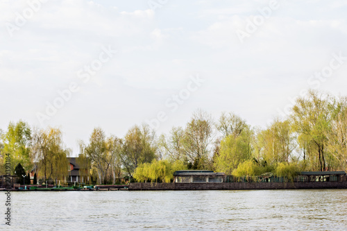 Landscape on the Danube River. Danube River. Beautiful sky and river. © julialototskaya