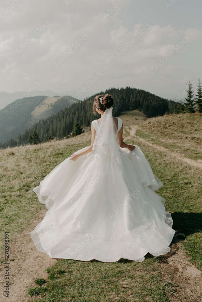 bride in white dress on a background of blue sky