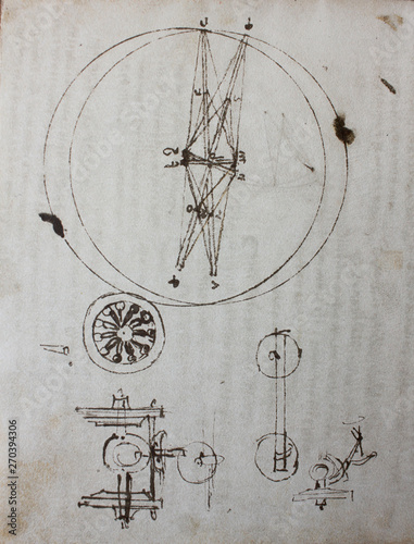 Blueprints, mechanisms, drawnings in the vintage book Manuscripts of Leonardo da Vinci, Codex on the Flight of Birds by T. Sabachnikoff, Paris, 1893