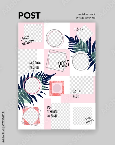 Bckgrounds for social network post. Set of editable square post frame templates.Vector cover. Mockup for blogs