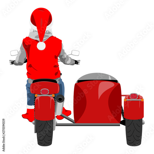 Santa on classic sidecar motorcycle back view isolated color vector illustration