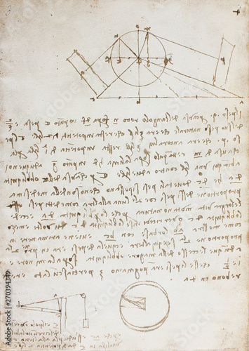 Blueprints, mechanisms, drawnings in the vintage book Manuscripts of Leonardo da Vinci, Codex on the Flight of Birds by T. Sabachnikoff, Paris, 1893