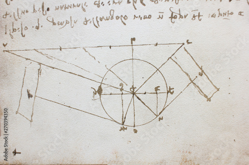 Obraz na płótnie Blueprints, mechanisms, drawnings in the vintage book Manuscripts of Leonardo da Vinci, Codex on the Flight of Birds by T