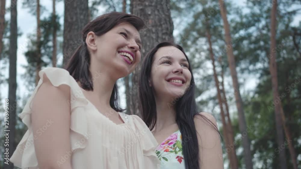 Portrait two cute young women wear dresses standing against the background of a pine forest and looking at amazing view of nature. Pretty girls walk outside the city. Adorable girlfriends outdoors. Portrait two cute young women wear dresses standing against the background of a pine forest and looking at amazing view of nature. Pretty girls walk outside the city. Adorable girlfriends outdoors.